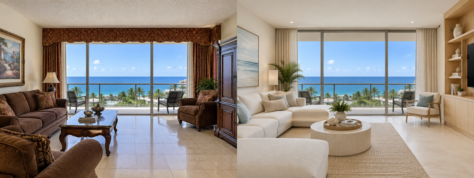 AI-generated after concept: Coastal Condo Living Room